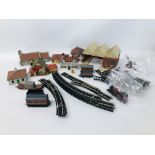 BOX OF ASSORTED TRAIN TRACK AND TRACK SIDE BUILDINGS AND ACCESSORIES PLUS HORNBY "LION WORKS