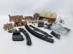 BOX OF ASSORTED TRAIN TRACK AND TRACK SIDE BUILDINGS AND ACCESSORIES PLUS HORNBY "LION WORKS