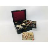 VINTAGE JEWELLERY BOX AND CONTENTS TO INCLUDE VINTAGE COSTUME JEWELLERY, WATCHES, BEADS,