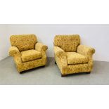 PAIR OF MARKS AND SPENCERS ARMCHAIRS UPHOLSTERED IN ANTIQUE GOLD MATERIAL.