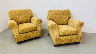 PAIR OF MARKS AND SPENCERS ARMCHAIRS UPHOLSTERED IN ANTIQUE GOLD MATERIAL.
