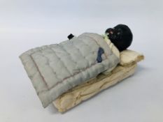 VINTAGE ETHNIC COMPOSITE DOLL, HANDMADE CLOTHES AND BED.