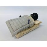VINTAGE ETHNIC COMPOSITE DOLL, HANDMADE CLOTHES AND BED.