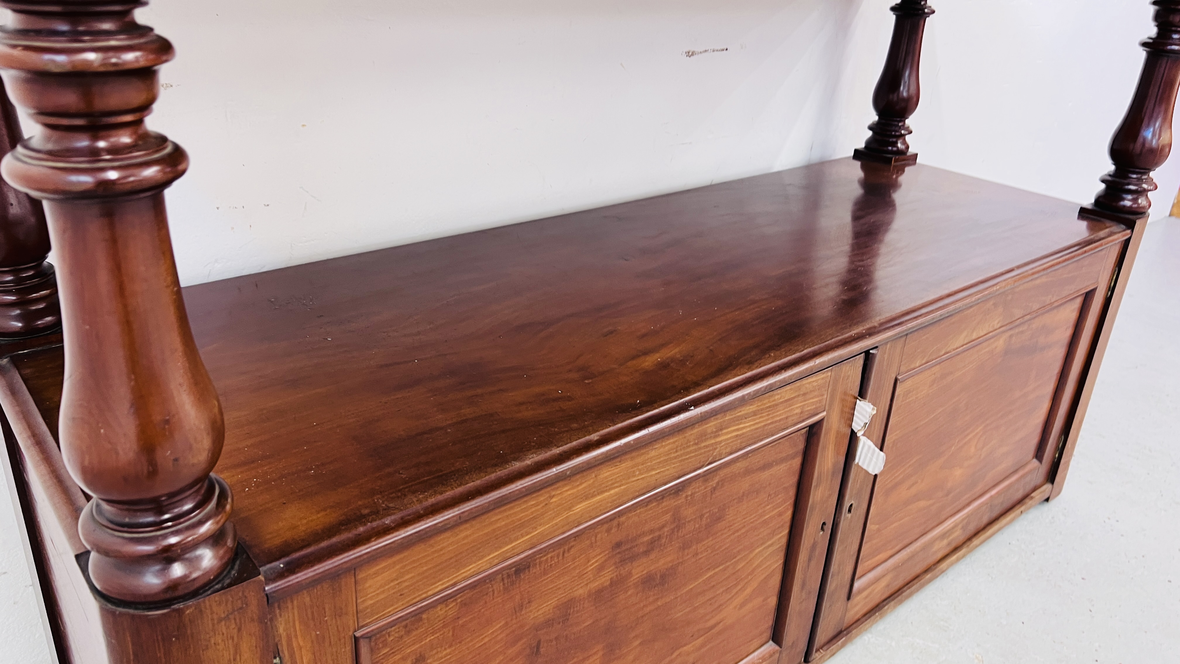 A VICTORIAN MAHOGANY TWO DOOR, TWO DRAWER BUFFET - WIDTH 148CM. DEPTH 53CM. HEIGHT 105CM. - Image 12 of 14