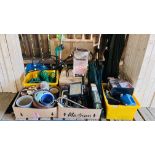 5 BOXES OF SHED SUNDRIES TO INCLUDE HAND TOOLS, SMALL GLAZED PLANTERS, HOSE PIPE, ETC.