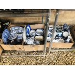 LARGE QUANTITY OF ASSORTED VINTAGE AND MODERN BLUE AND WHITE TEA AND DINNER WARE, CANDLESTICKS,