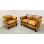 A GOOD QUALITY TAN LEATHER TWO PIECE LOUNGE SUITE COMPRISING TWO SEATER SOFA AND CHAIR.
