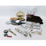 BOX OF ASSORTED COLLECTABLE'S TO INCLUDE STOLE, ADJUSTABLE MAGNIFYING GLASSES,