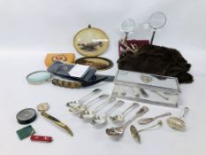 BOX OF ASSORTED COLLECTABLE'S TO INCLUDE STOLE, ADJUSTABLE MAGNIFYING GLASSES,