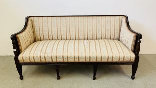 LATE GEORGIAN STYLE SOFA WITH FOUR FRONT SUPPORTING TAPERED LEGS