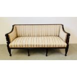 LATE GEORGIAN STYLE SOFA WITH FOUR FRONT SUPPORTING TAPERED LEGS