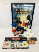 A COLLECTION OF TIN TIN COLLECTIVE WARE TO INCLUDE FRAMED POSTER, PLATE, MUG, BOWL, BOXED CAR,
