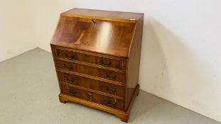 A GOOD QUALITY REPRODUCTION YEW WOOD FINISH FOUR DRAWER BUREAU WITH FITTED INTERIOR W 74CM, D 45CM,