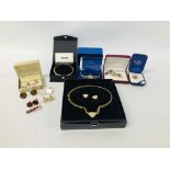 BOX OF ASSORTED QUALITY COSTUME JEWELLERY, CUFF LINKS AND BROOCHES, ROTARY LADIES WRIST WATCH, ETC.