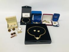 BOX OF ASSORTED QUALITY COSTUME JEWELLERY, CUFF LINKS AND BROOCHES, ROTARY LADIES WRIST WATCH, ETC.