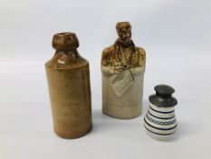 VINTAGE DOULTON AND WATTS STONE WARE FLASK LORD JOHN RUSSELL POUNCE / SANDER AND GINGER BEER BOTTLE.