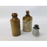 VINTAGE DOULTON AND WATTS STONE WARE FLASK LORD JOHN RUSSELL POUNCE / SANDER AND GINGER BEER BOTTLE.