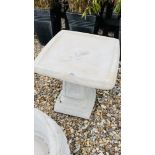 A STONEWORK ROSE DESIGN SQUARE GARDEN BIRD BATH HEIGHT 48CM.