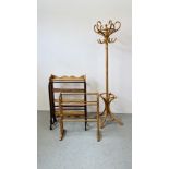 A MODERN BEECH WOOD REVOLVING COAT STAND ALONG WITH A PINE OPEN BOOK SHELF WIDTH 72CM. DEPTH 17CM.