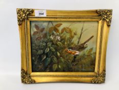 FRAMED OIL ON BOARD JAMES ALLEN "SPRING ROBIN" WIDTH 24CM. HEIGHT 19CM.