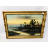 A FRAMED OIL ON CANVAS SUNSET RIVER SCENE WITH CHURCH AND COTTAGES BEARING SIGNATURE WILLIAM