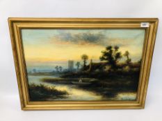 A FRAMED OIL ON CANVAS SUNSET RIVER SCENE WITH CHURCH AND COTTAGES BEARING SIGNATURE WILLIAM