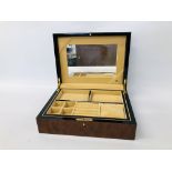 A QUALITY WALNUT FINISH SUEDE LINED JEWELLERY BOX AS NEW IN ORIGINAL BOX.