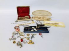 BOX OF ASSORTED COSTUME JEWELLERY TO INCLUDE WATCHES AND VINTAGE BROOCHES, ETC.