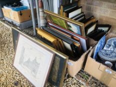 TWO BOXES OF ASSORTED PICTURES AND PRINTS TO INCLUDE ETCHINGS ALONG WITH TWO FRAMED RELIGIOUS