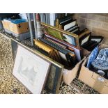 TWO BOXES OF ASSORTED PICTURES AND PRINTS TO INCLUDE ETCHINGS ALONG WITH TWO FRAMED RELIGIOUS