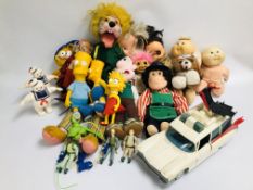 A BOX OF VARIOUS VINTAGE TOYS TO INCLUDE THE SIMPSONS, PUPPET ADVERTISING TOYS SUCH AS PG MR.