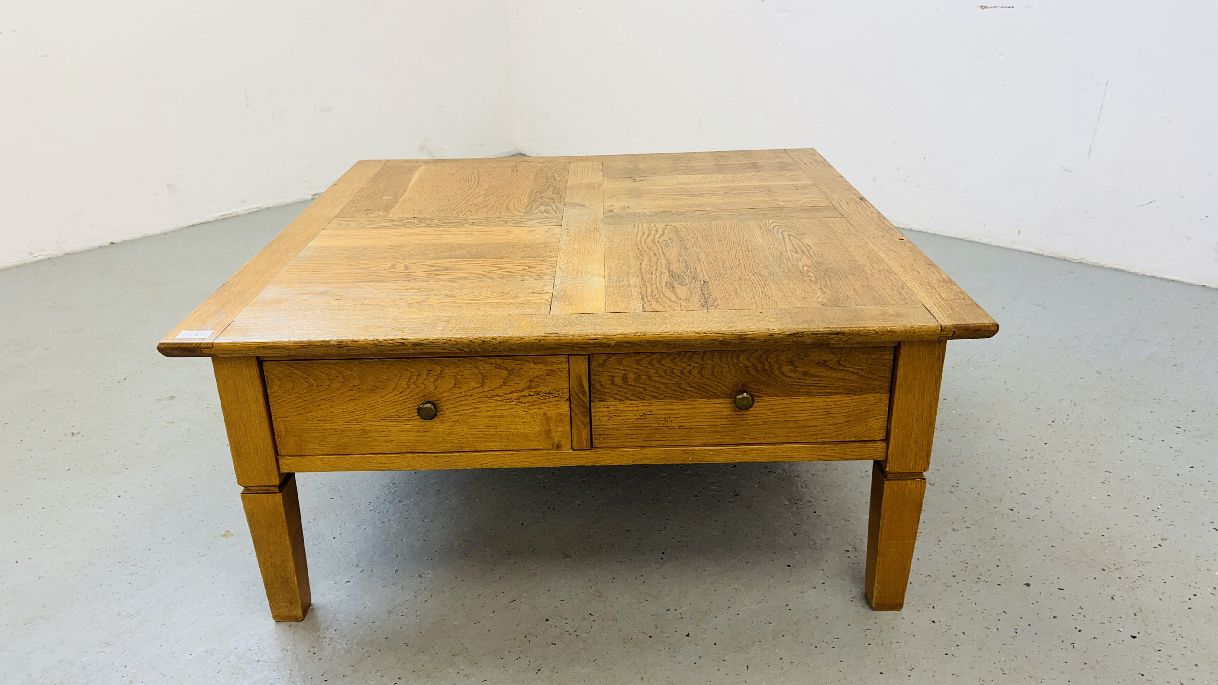 A SOLID OAK TWO DRAWER COFFEE TABLE W 100CM, D 100CM, H 46CM. - Image 2 of 11