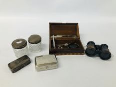 TWO SILVER TOPPED DRESSING TABLE JARS ALONG WITH A VINTAGE SILVER STUD BOX,