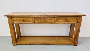 A MODERN SOLID OAK THREE DRAWER SIDE / HALL TABLE W 180CM, D 44.5CM, H 82.5CM.