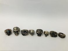 8 X VARIOUS GENTS SILVER RINGS (5 X SKULL HEAD DESIGN, 69, FTW, HARLEY DAVIDSON).