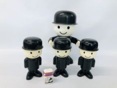 VINTAGE HOMEPRIDE FRED FLOUR SHAKER ALONG WITH A FURTHER THREE HOMEPRIDE STORAGE MEN + CERAMIC