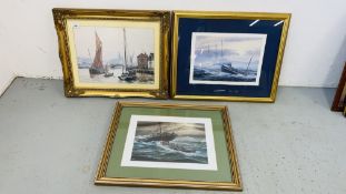 THREE FRAMED MICK BENSLEY PRINTS "YARMOUTH QUAY" 29CM X 39CM, "CROMER LIFEBOAT RESCUE" 22CM X 32CM,