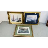 THREE FRAMED MICK BENSLEY PRINTS "YARMOUTH QUAY" 29CM X 39CM, "CROMER LIFEBOAT RESCUE" 22CM X 32CM,