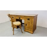 A MODERN SOLID OAK TWIN PEDESTAL HOME OFFICE DESK W 145CM, D 60CM,