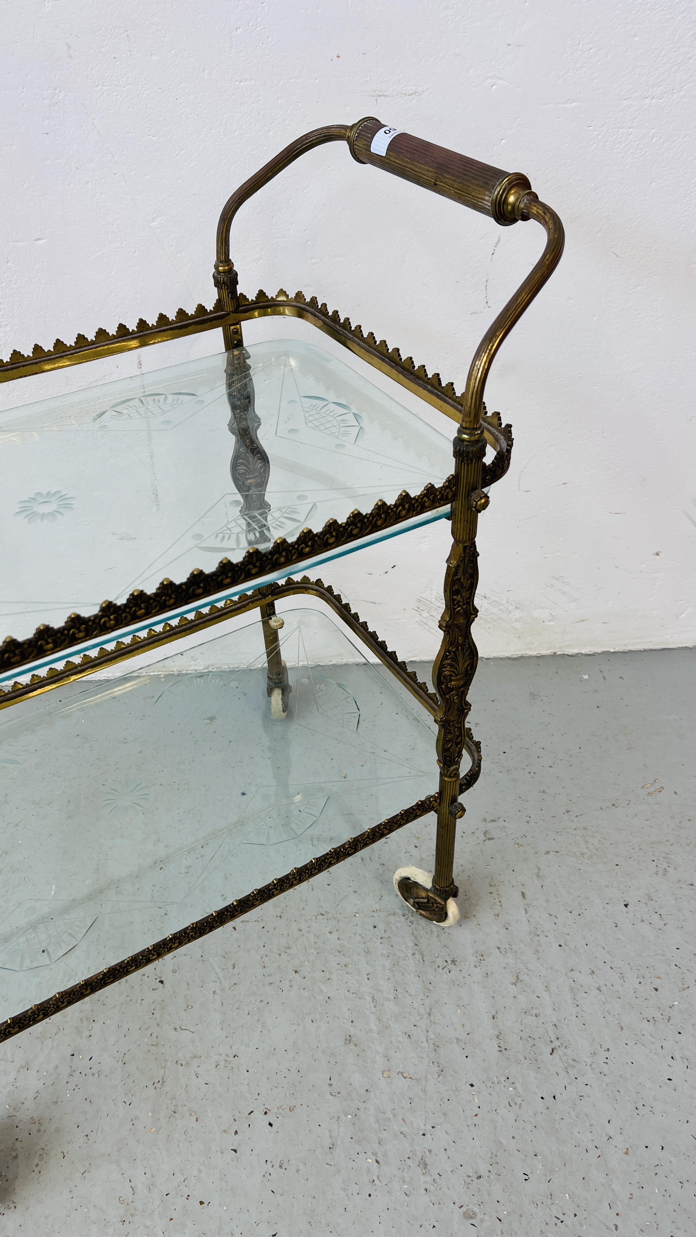 ORNATE BRASSED TWO TIER TROLLEY WITH ETCHED GLASS SHELVES - Image 2 of 7