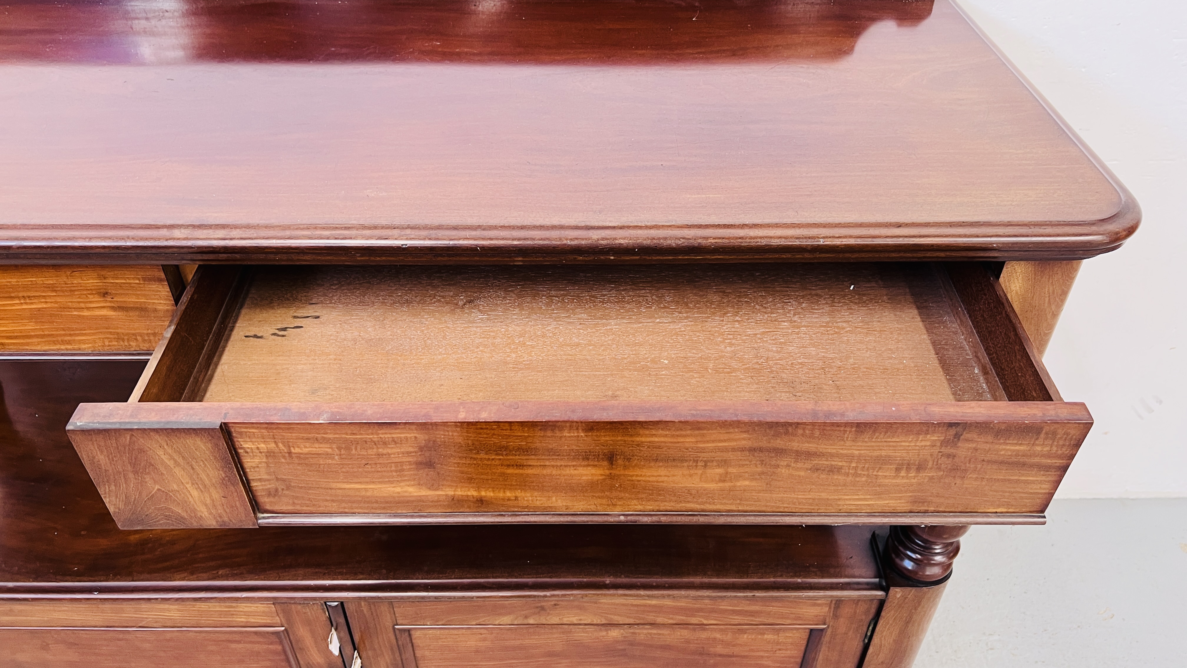 A VICTORIAN MAHOGANY TWO DOOR, TWO DRAWER BUFFET - WIDTH 148CM. DEPTH 53CM. HEIGHT 105CM. - Image 14 of 14