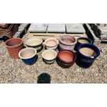 9 VARIOUS TERRACOTTA AND STONE GLAZED PLANT POTS.