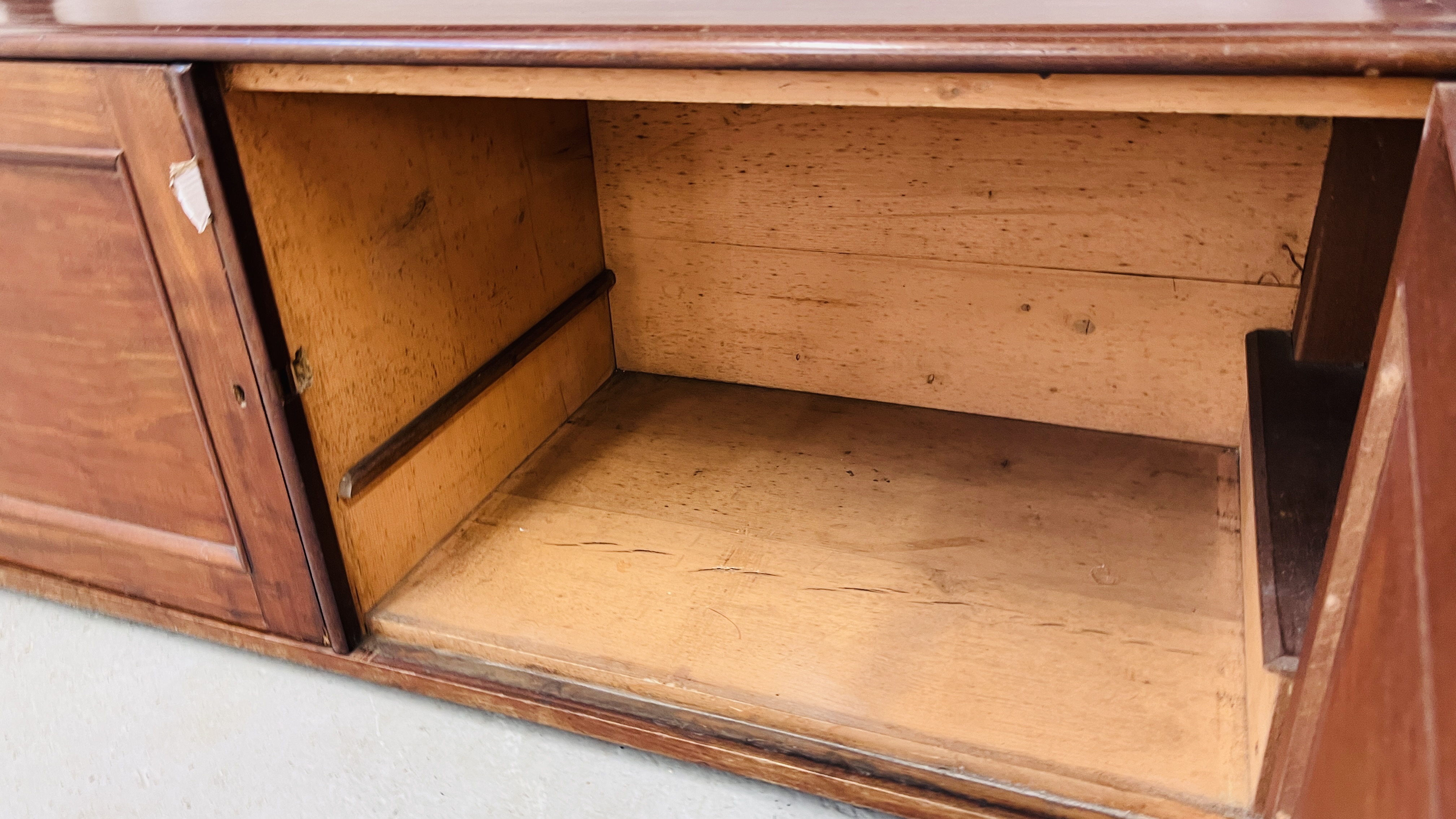 A VICTORIAN MAHOGANY TWO DOOR, TWO DRAWER BUFFET - WIDTH 148CM. DEPTH 53CM. HEIGHT 105CM. - Image 11 of 14