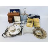 BOX OF ASSORTED MAINLY BOXED CUTLERY, CIGARETTE / CIGAR BOX, CAKE PLATE ETC.