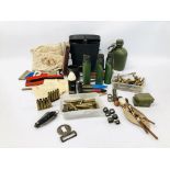 COLLECTION OF ASSORTED MILITARY ITEMS TO INCLUDE SHELL CASES, WATER BOTTLE, DUMMY ROUNDS, BUCKLE,