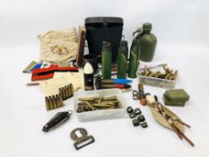 COLLECTION OF ASSORTED MILITARY ITEMS TO INCLUDE SHELL CASES, WATER BOTTLE, DUMMY ROUNDS, BUCKLE,