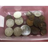 TUB OF COINS INCLUDING HIGH GRADE GB HALF CROWNS 1935, 1936 (3), 1937, ETC.