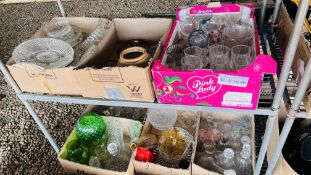 7 X BOXES OF ASSORTED HOUSEHOLD GLASS WARE TO INCLUDE CUT GLASS DECANTERS, DRINKING GLASSES,