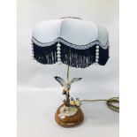 FLORENCE TABLE LAMP, BLUE TITS WITH DECORATIVE FRINGED SHADE - SOLD AS SEEN.
