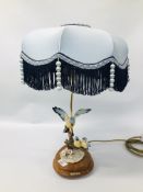 FLORENCE TABLE LAMP, BLUE TITS WITH DECORATIVE FRINGED SHADE - SOLD AS SEEN.